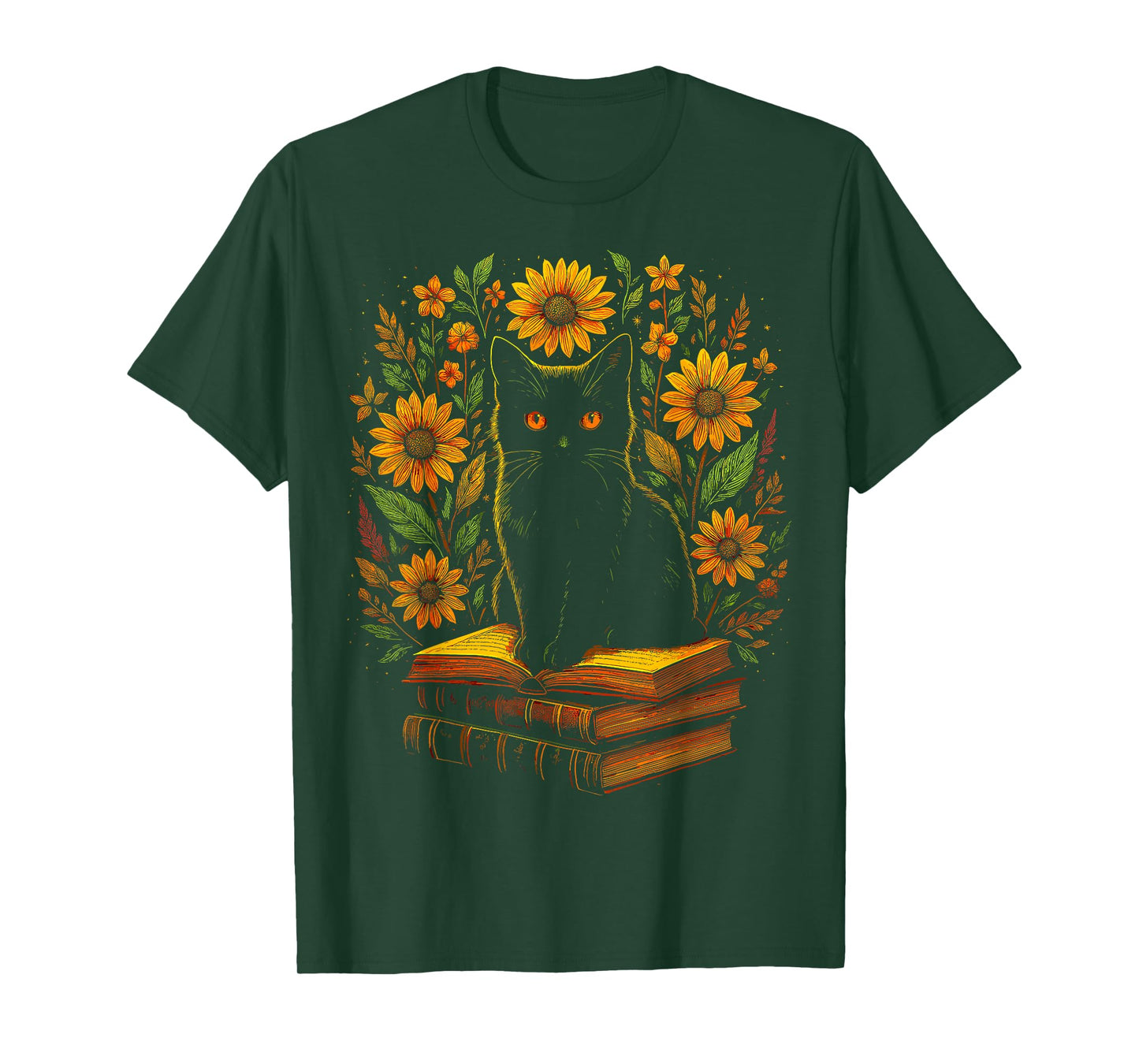 Vintage Black Cat Sunflower Books Reading T-Shirt