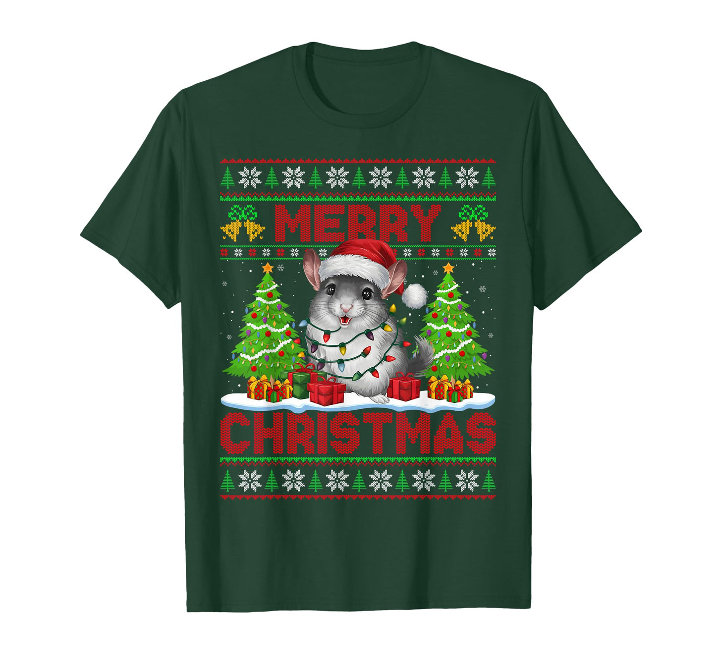 Chinchilla Ugly Christmas Sweaters Santa Hat Lights Xmas T-Shirt