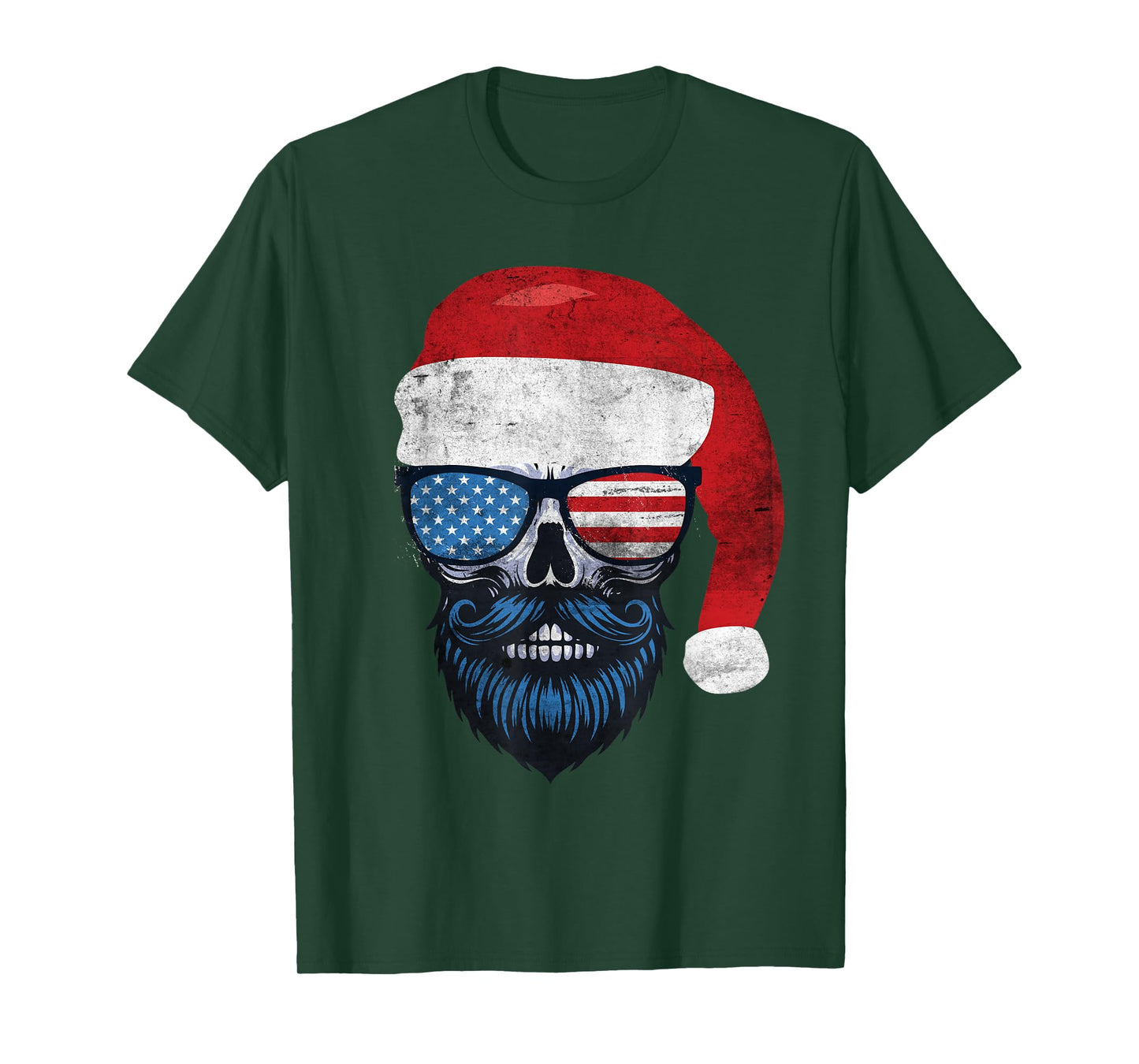 Hipster Santa US Flag Bearded Skull Sunglasses Patriotic T-Shirt