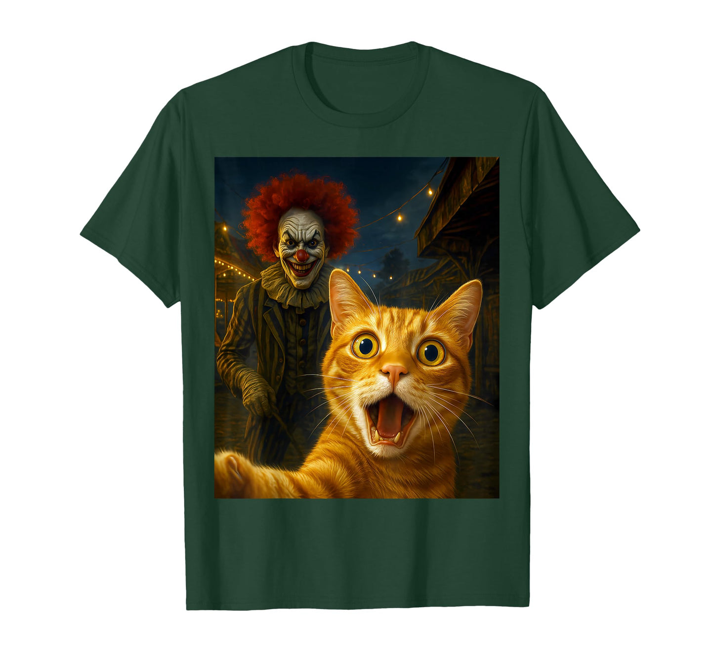 Funny Orange Tabby Cat Selfie Creepy Clown Spooky Carnival T-Shirt