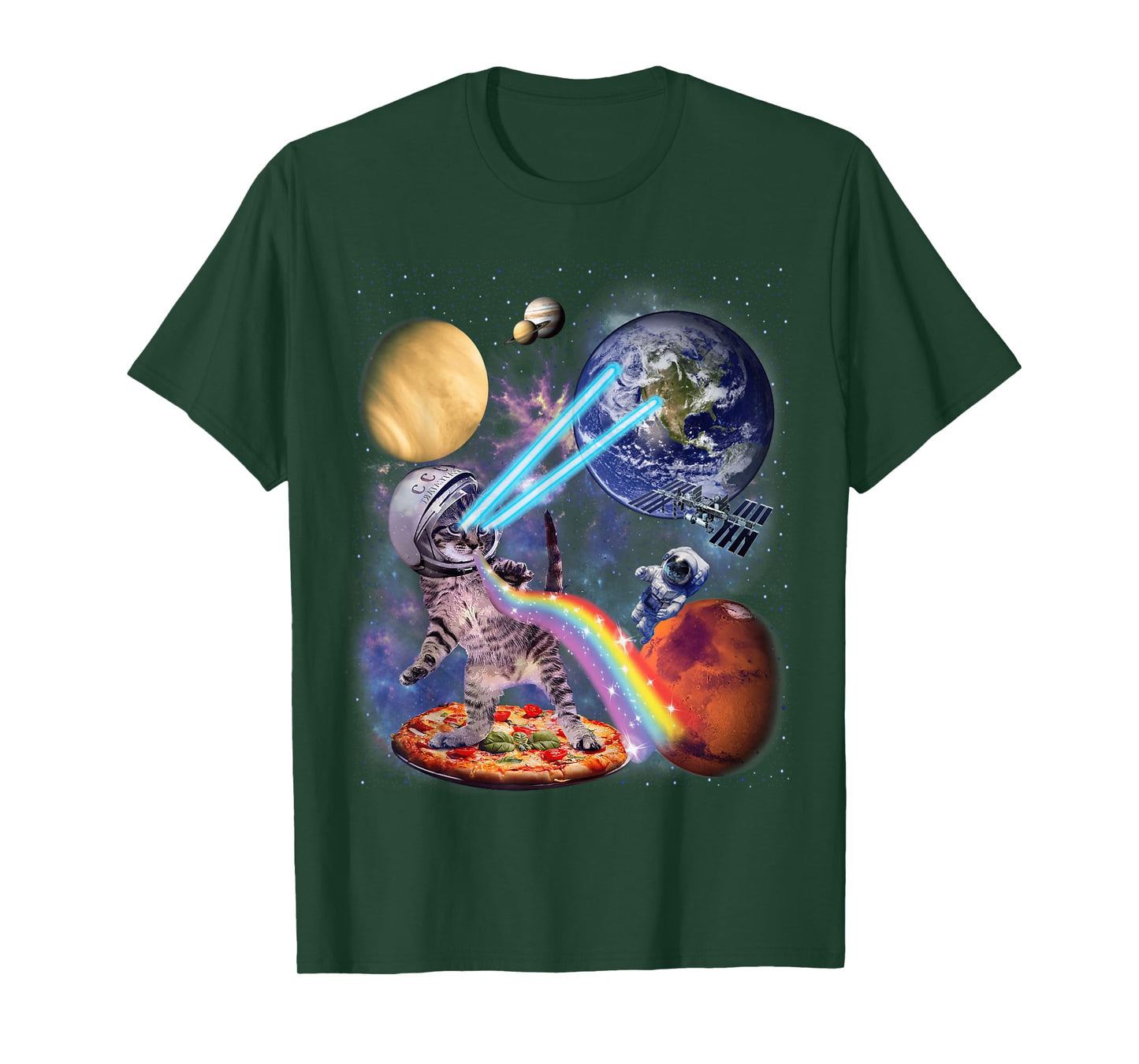 Funny Cat Flying A Pizza Astronaut in Space Galaxy Cat T-Shirt
