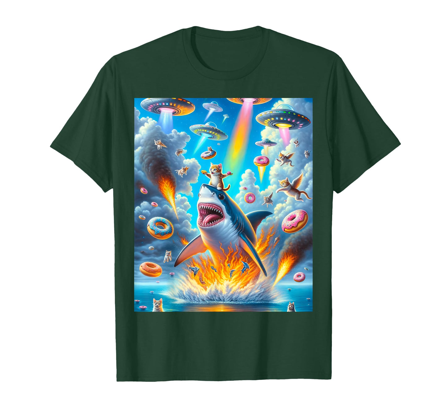 Cat Kitty Riding Fire Breathing Shark Rainbow Laser Taco T-Shirt