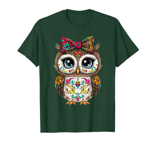 Cute Floral Owl Chibi Forest Folk Art Character Design T-Shirt