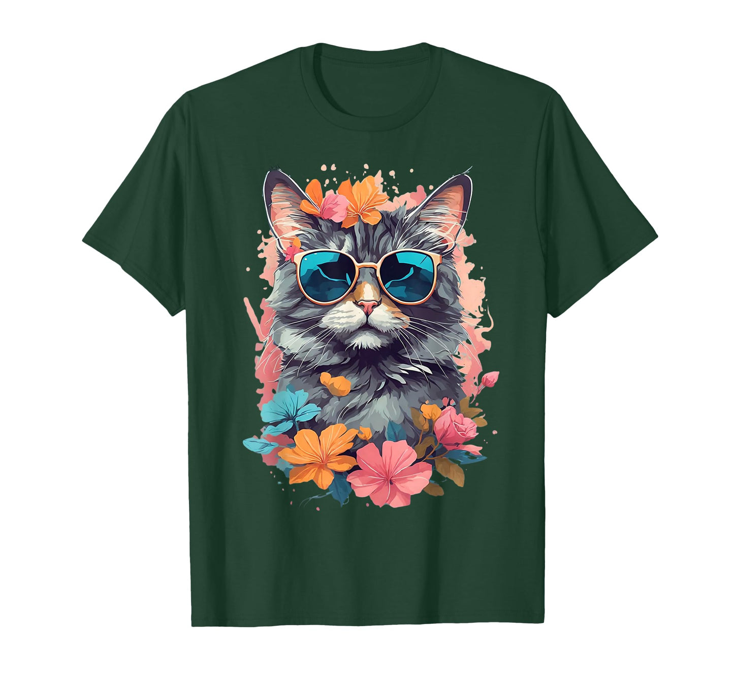 Sunglasses Tabby Cat Shirt for Girls Floral Flowers Graphic T-Shirt
