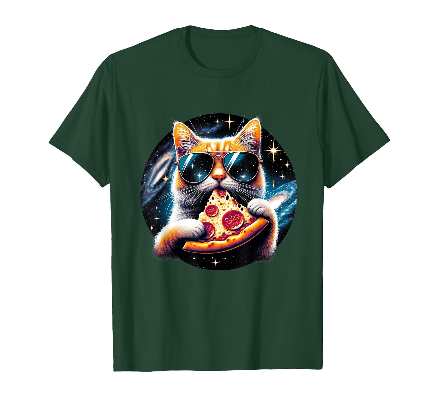 Funny Cat Eating Pizza in Space Kitty Galaxy T-Shirt