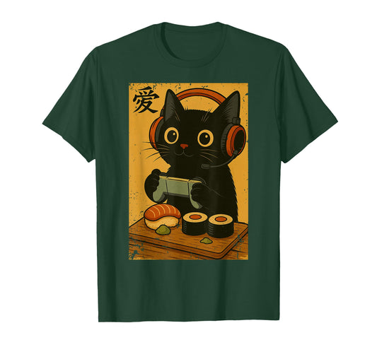 Cute Kawaii Gamer Cat Funny Retro Japanese Cat Gaming T-Shirt