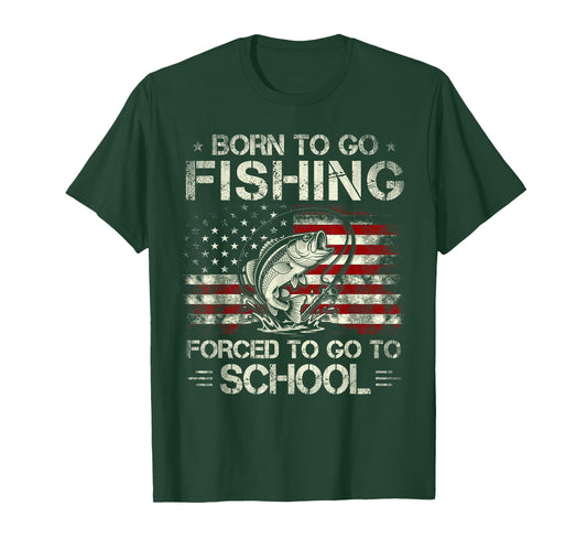 Born to Go Fishing Forced to Go to School Bass Fishing Flag T-Shirt