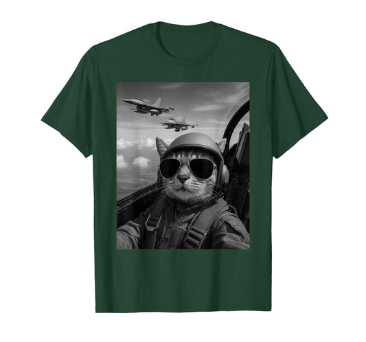 Cool Pilot Cat Selfie Fighter Jets Humor Graphic Cat Lovers T-Shirt