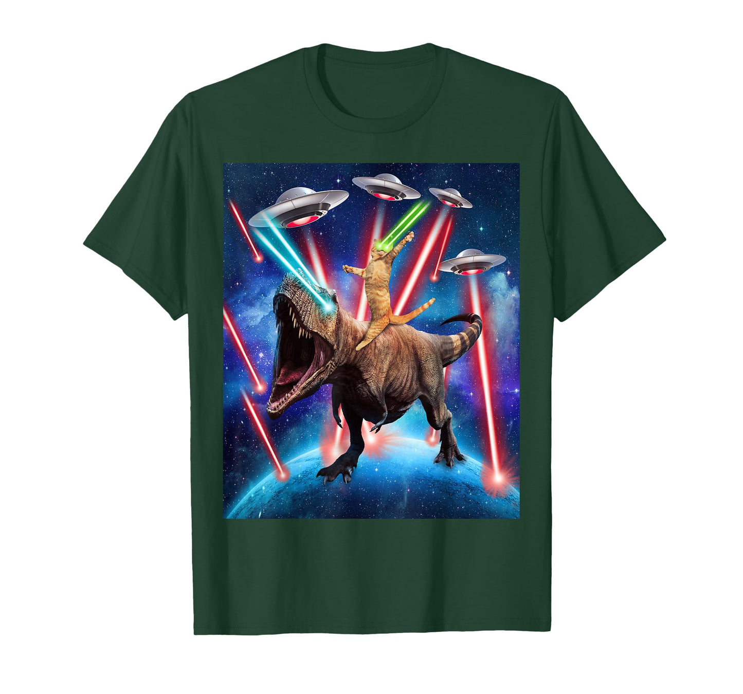 Space Cat Riding Dinosaur T rex Laser Eyes UFO Funny Cat T-Shirt