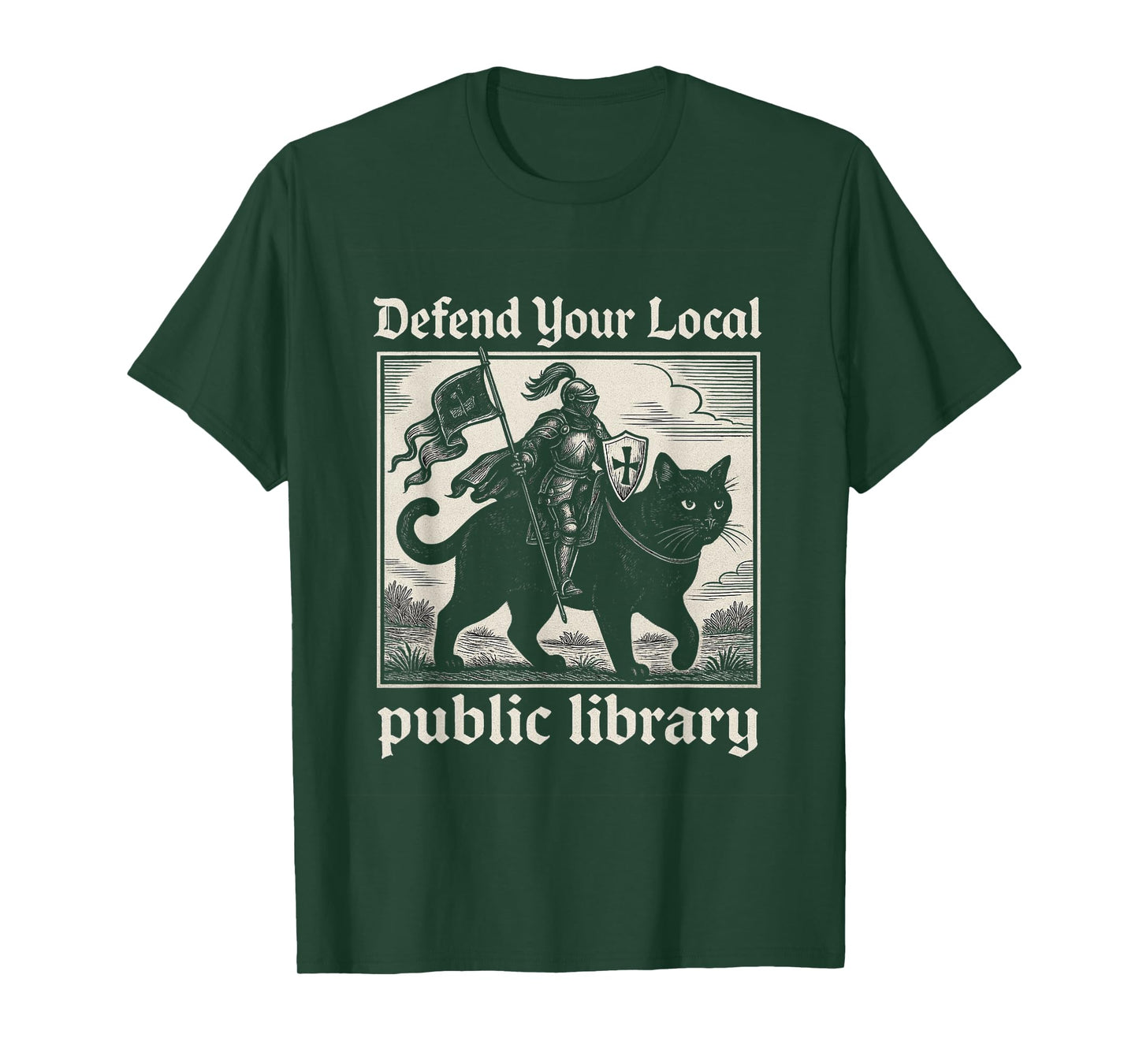 Defend Your Local Public Library Cat Knight Funny Fantasy T-Shirt