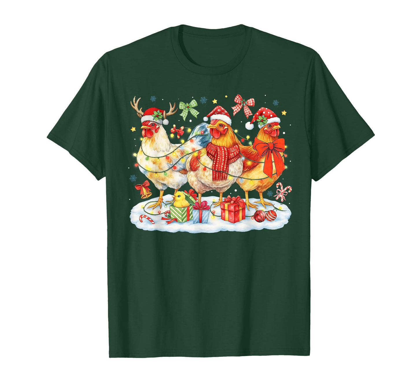 Chicken Christmas Lights Santa Hats Reindeer Funny Holiday T-Shirt