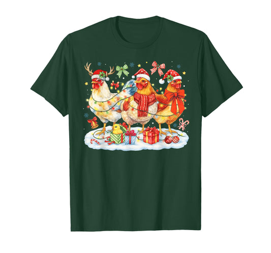 Chicken Christmas Lights Santa Hats Reindeer Funny Holiday T-Shirt