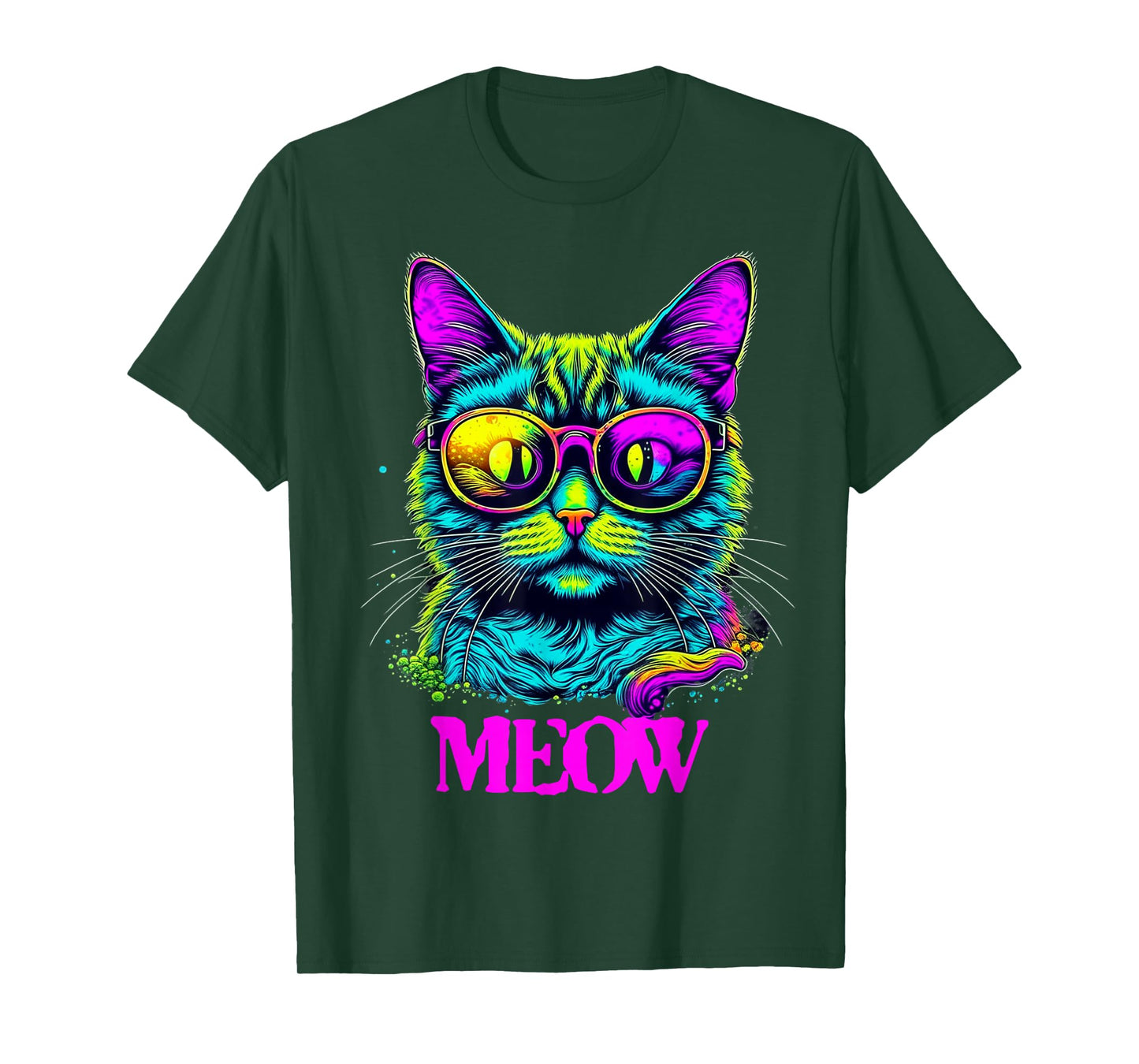 Funny Cat Sunglasses Bright Psychedelic Retro Cool Meow! T-Shirt