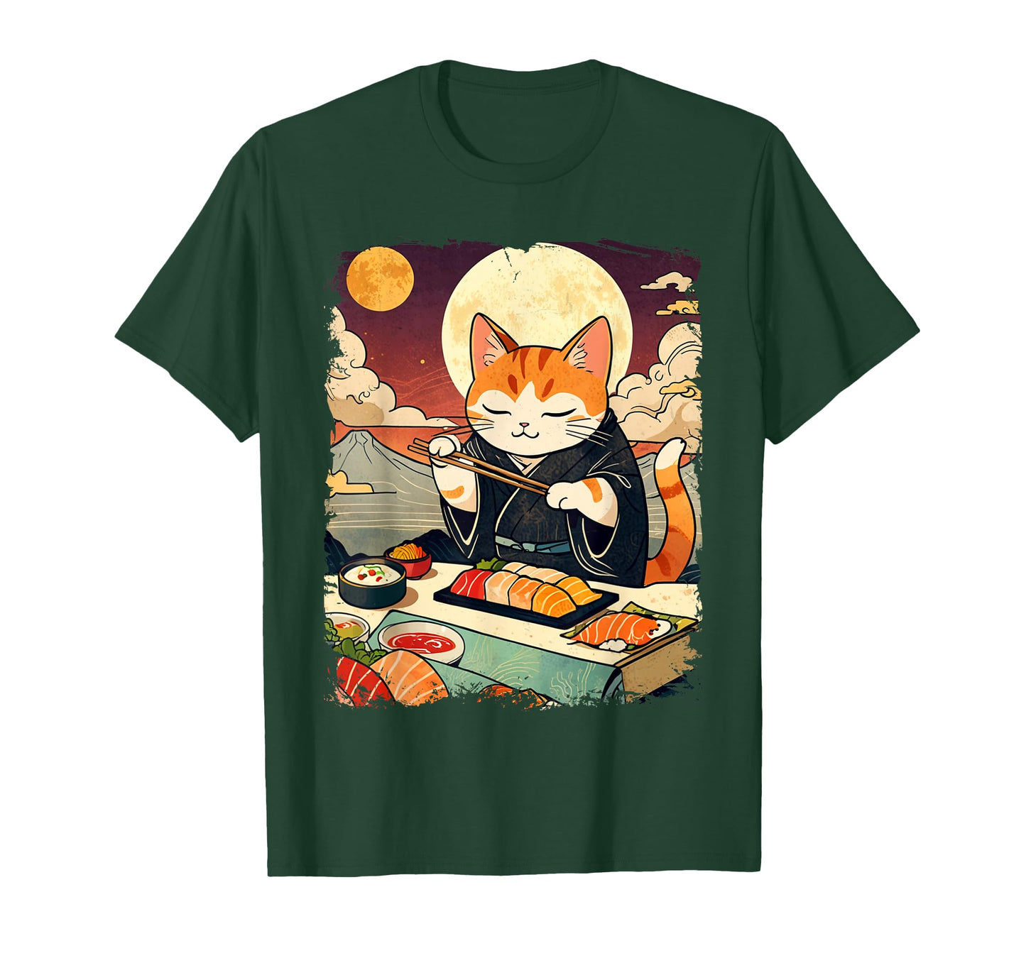 Cat Eating Sushi Funny Vintage Japanese Cat Ukiyo-e Art T-Shirt