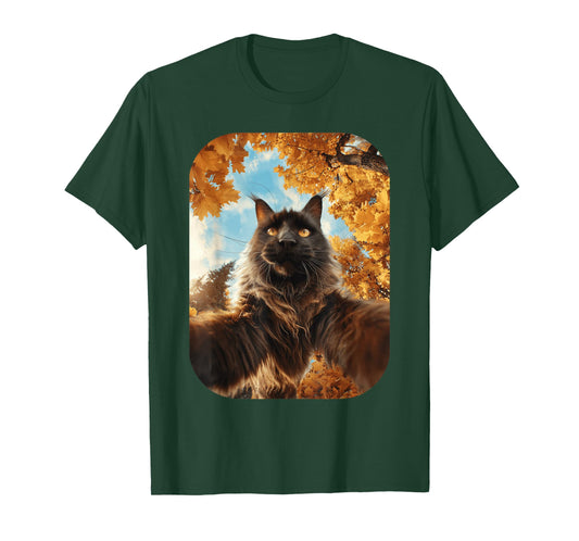 Cute Maine Coon Cat Selfie Fall Leaves Forest Autumn Animal T-Shirt