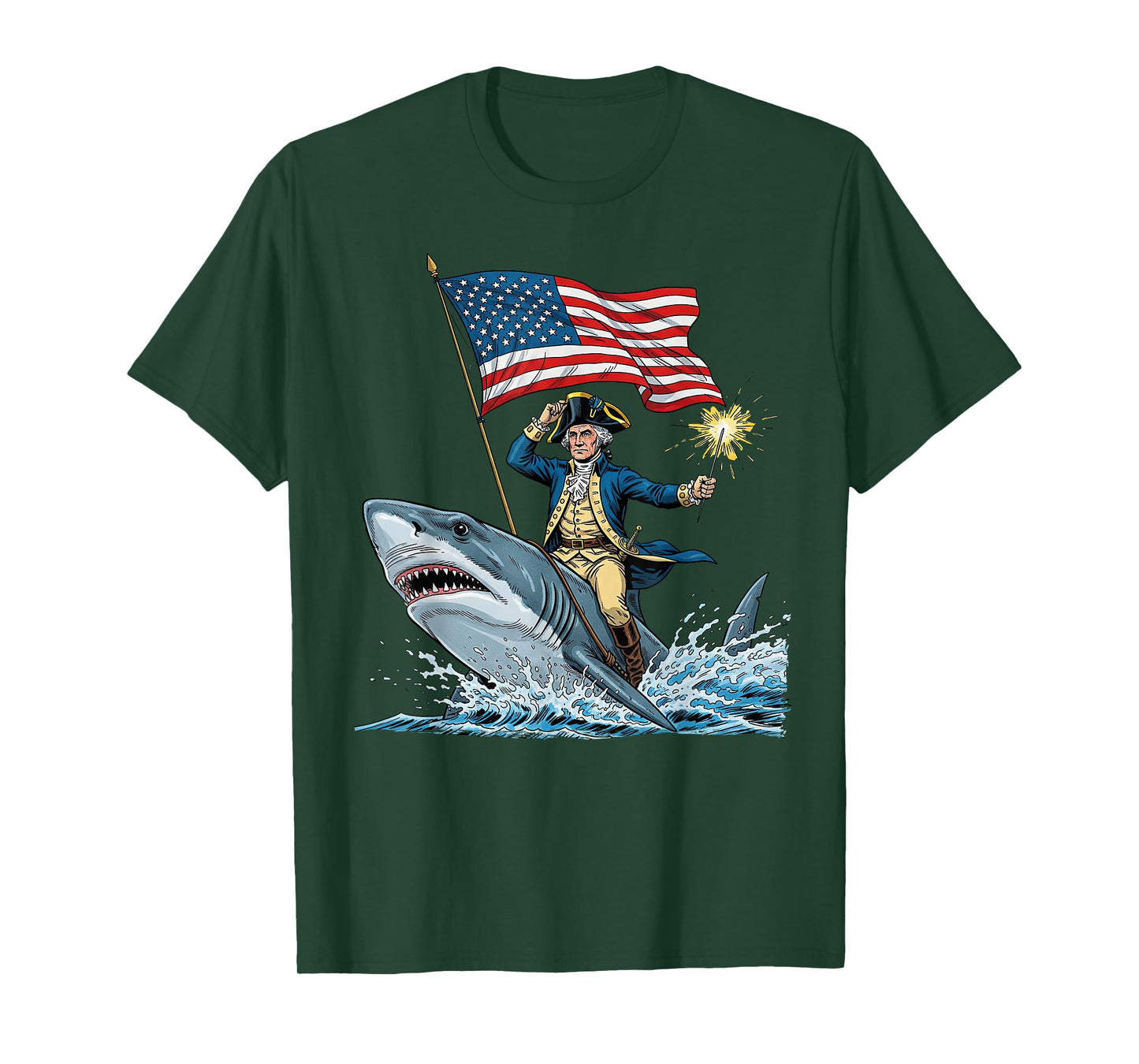 George Washington Riding Shark Funny July 4th American Flag T-Shirt