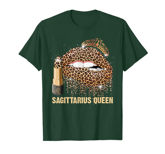 Womens Sagittarius Queen Leopard Lips Zodiac Sign Birthday T-Shirt