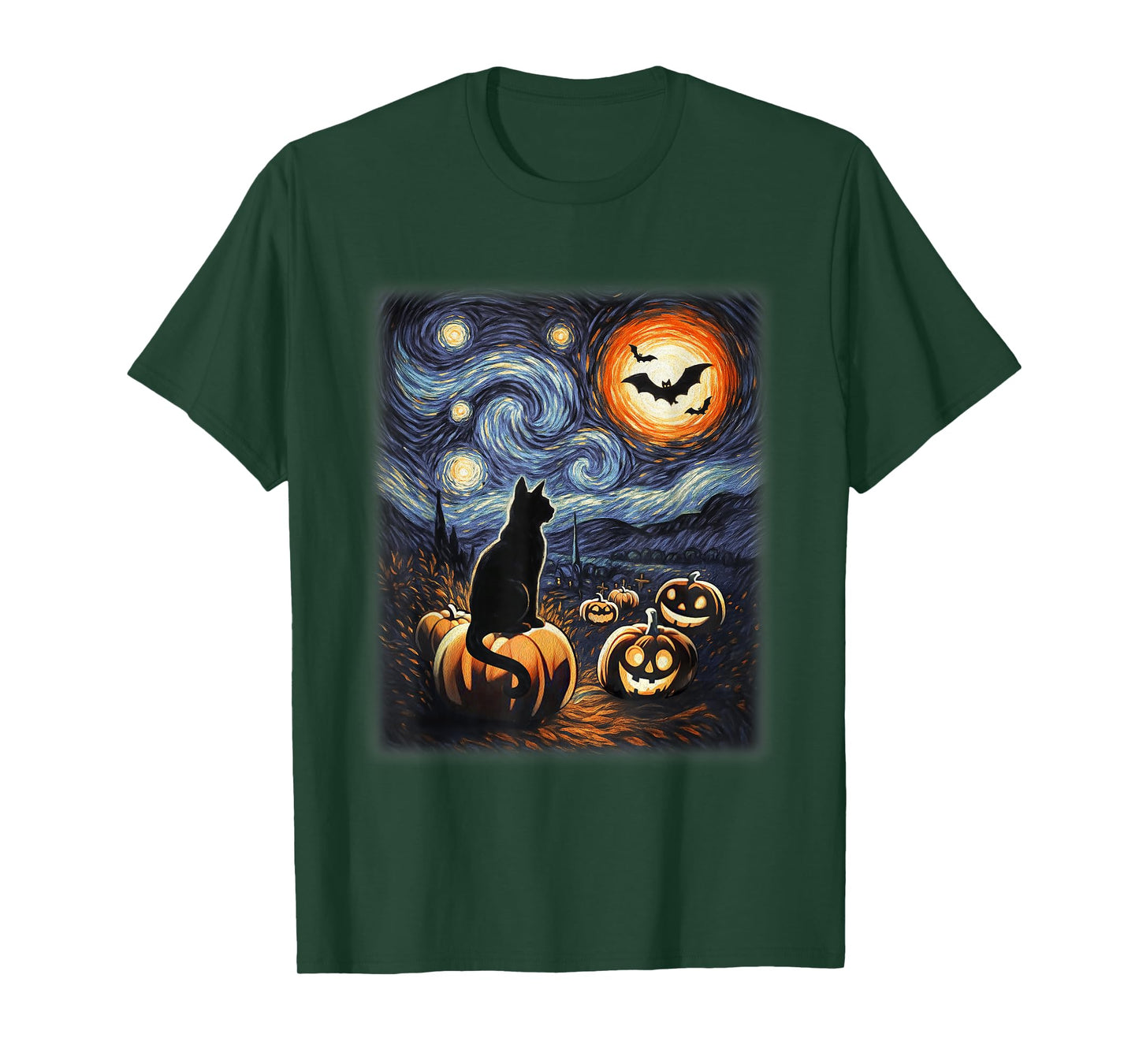 Halloween Black Cat Van Gogh Starry Night Lovers Cats T-Shirt