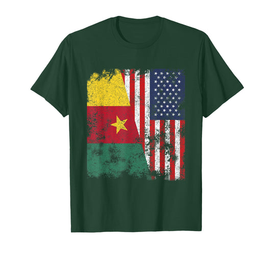 Cameroon USA Flag Distressed - Half American T-Shirt