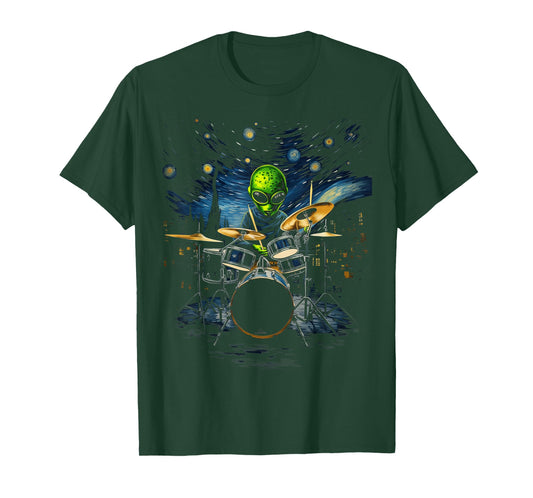 Drum Kit Percussionist Drummer Van Gogh Alien Playing Drums T-Shirt