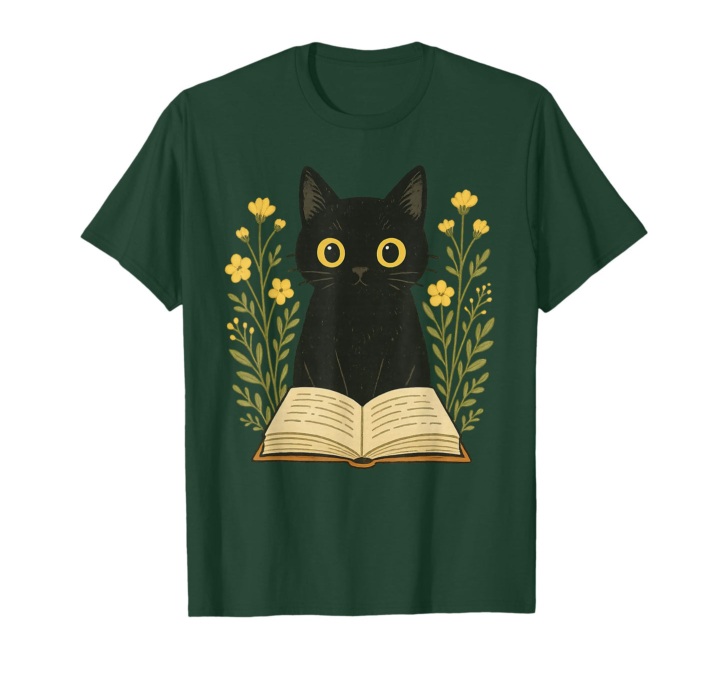 Black Cat Reading Book Flowers T-Shirt