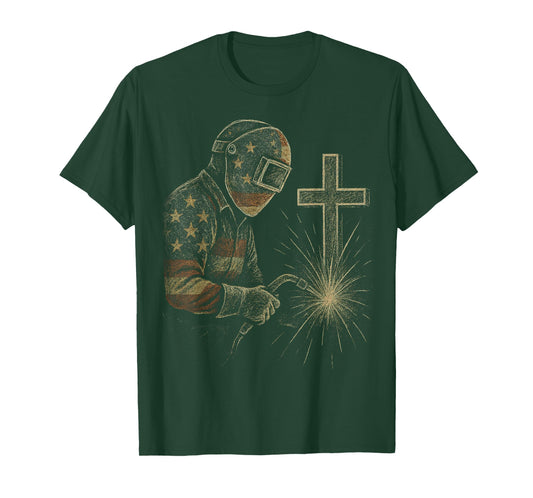 Welder American Flag Mig Tig Welding Faith Cross Christian T-Shirt