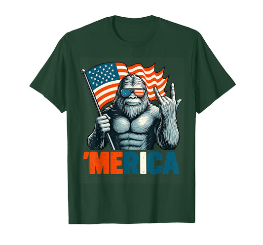 Bigfoot Merica Rock Patriotic American Flag 4th of July T-Shirt