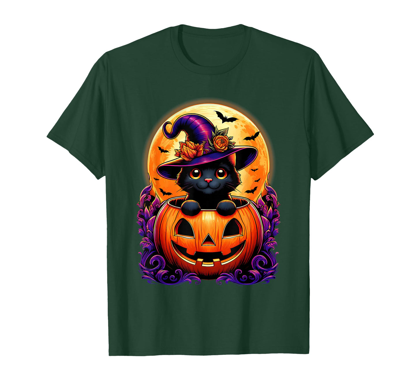 Black Cat Witch Hat Pumpkin Funny Halloween Men Women Kids T-Shirt
