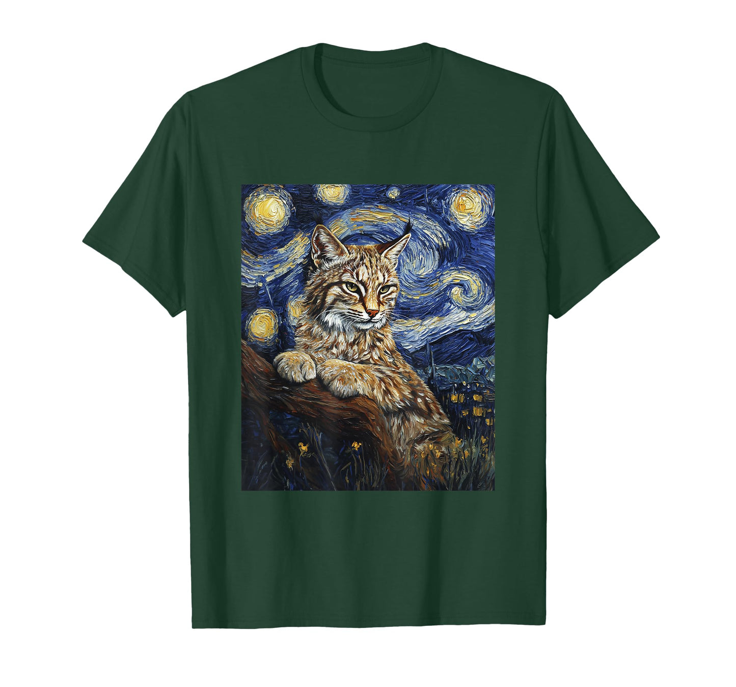Cute Bobcat Graphic - Van Gogh Style - Starry Night T-Shirt