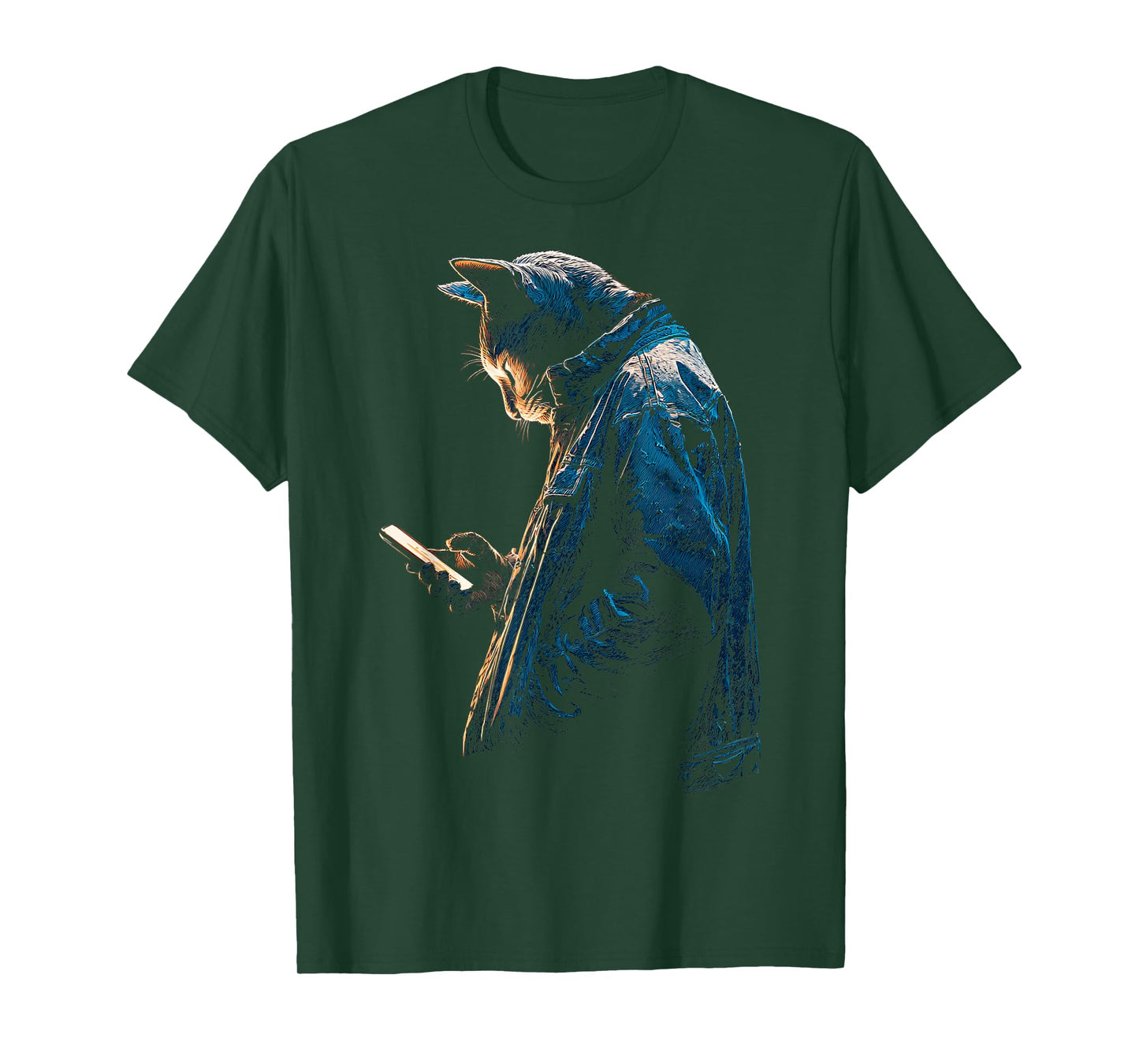 Cat Holds Cellphone Wandering Graphic Animal Artwork Cat T-Shirt
