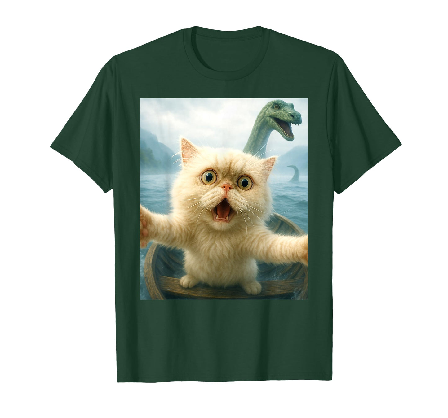 Persian Cat Selfie Cat Chased By Loch Ness Monster Nessie T-Shirt