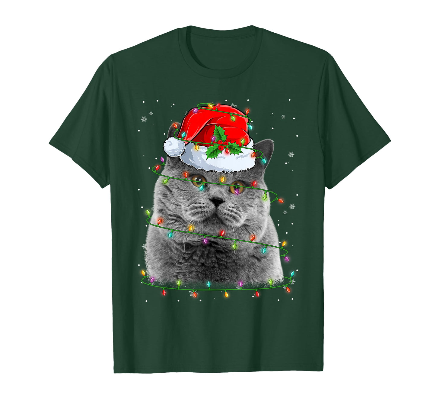 Funny British Shorthair Cat Santa Hat Christmas Tree Lights T-Shirt