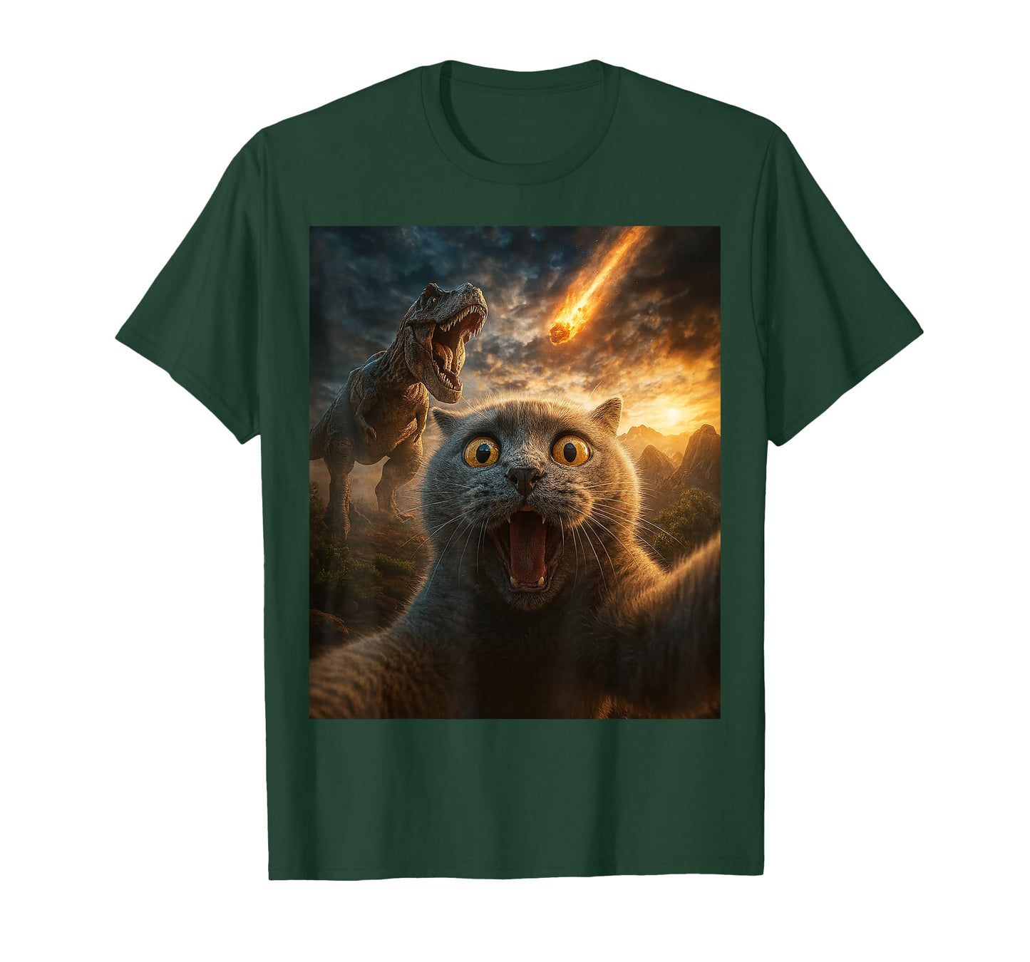 Funny Cat Selfie with Dinosaur and Meteor Apocalypse Gifts T-Shirt