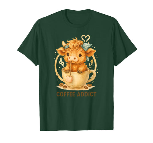 Coffee Addict Cute Highland Cow in Mug T-Shirt