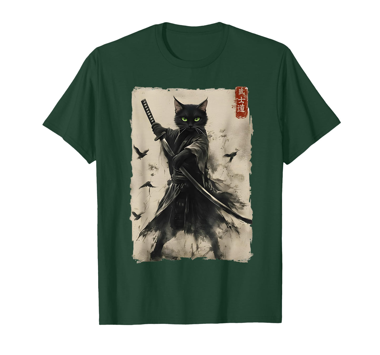 Samurai Cat Japanese Art Men Boys Funny Graphic Cats Tee T-Shirt