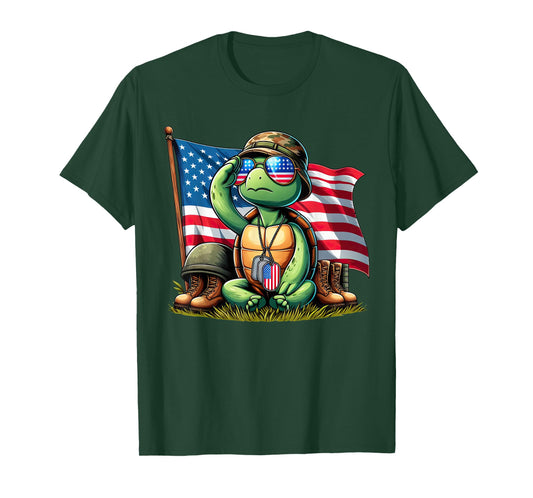 Salute Turtle American USA Flag Memorial Day 4th of July T-Shirt