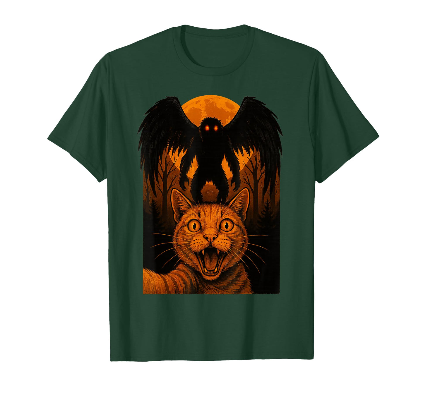 Scared Cat Selfie with Mothman Cryptid Halloween Moth Man T-Shirt