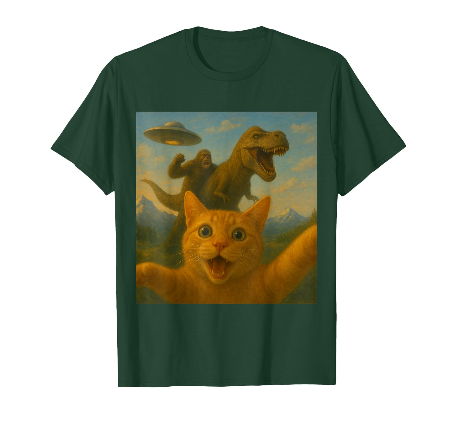 Funny Surprised Scared Cat Selfie T-Rex Dinosaur Bigfoot UFO T-Shirt