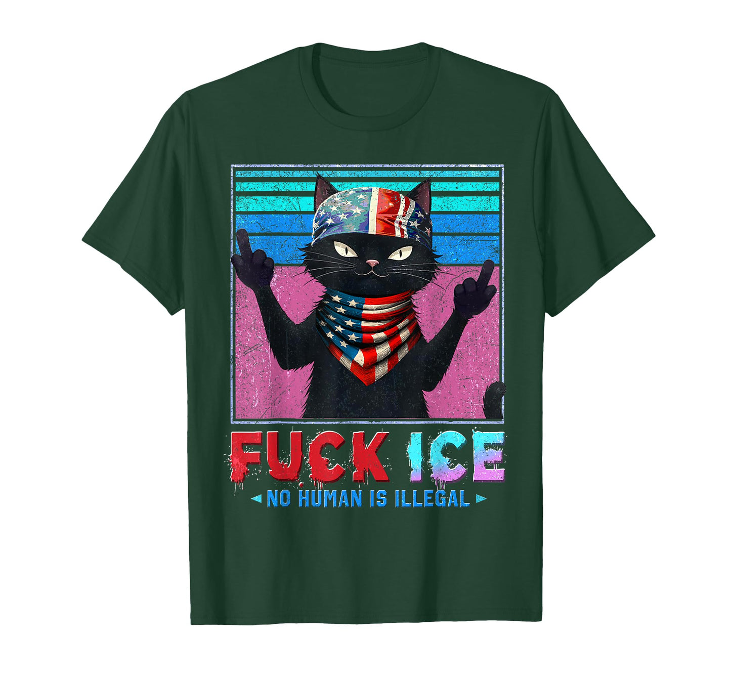 FCK ICE Distressed Funny Black Cat Humorous T-Shirt
