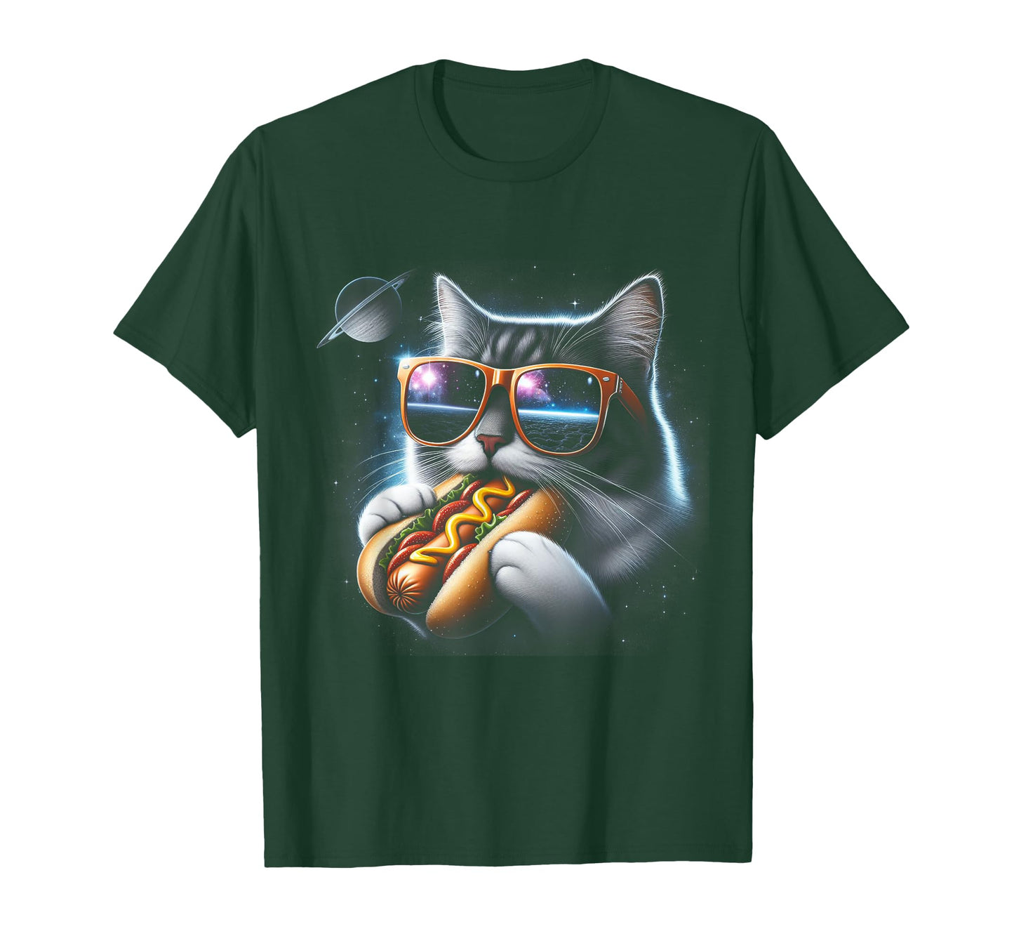 Funny Cat Eating Hotdog in Space Kitty Space Galaxy T-Shirt