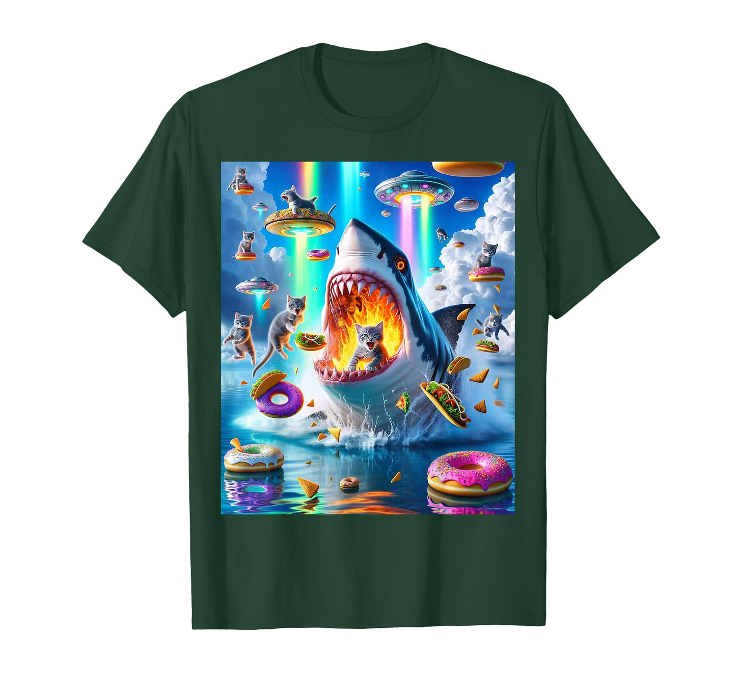 Cat Kitty Riding Fire Breathing Shark Rainbow Laser Taco T-Shirt
