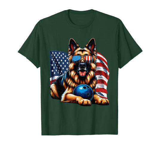 Patriotic German Shepherd Bowling USA Flag Freedom Vintage T-Shirt