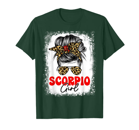 Scorpio Girl Leopard Messy Bun Zodiac Sign Birthday T-Shirt