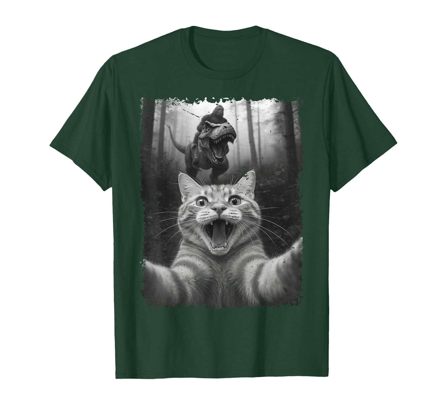 Funny Cat Selfie with T-Rex Dinosaur Bigfoot Black and White T-Shirt