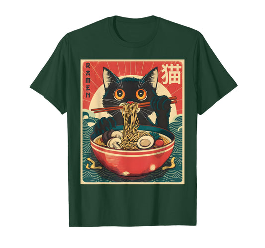 Anime Shirt Men Women Kids Cat Ramen Noodles Unisex-Adults Unisex-Kids Kawaii Cat Anime Gifts Cat Ramen Graphic Tee Japanese Funny T-Shirt