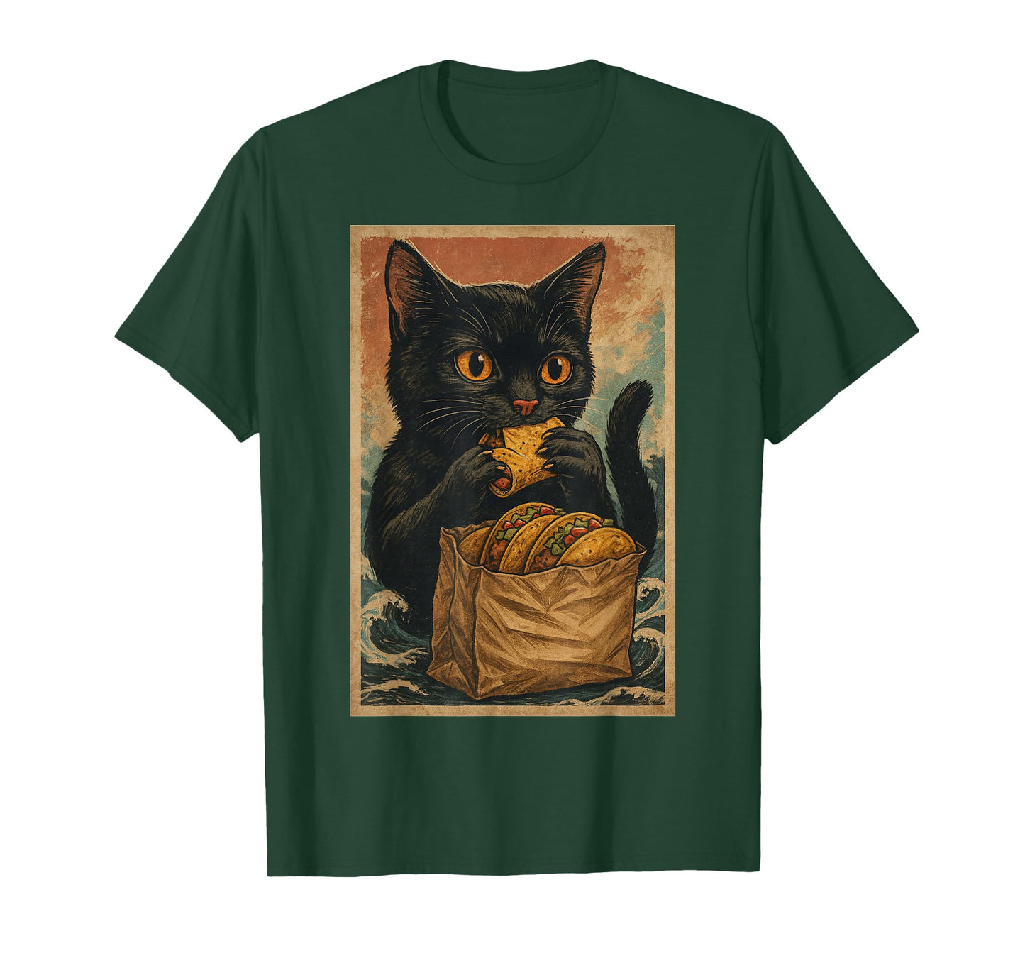 Funny Black Cat Eating Tacos Retro Japanese T-Shirt