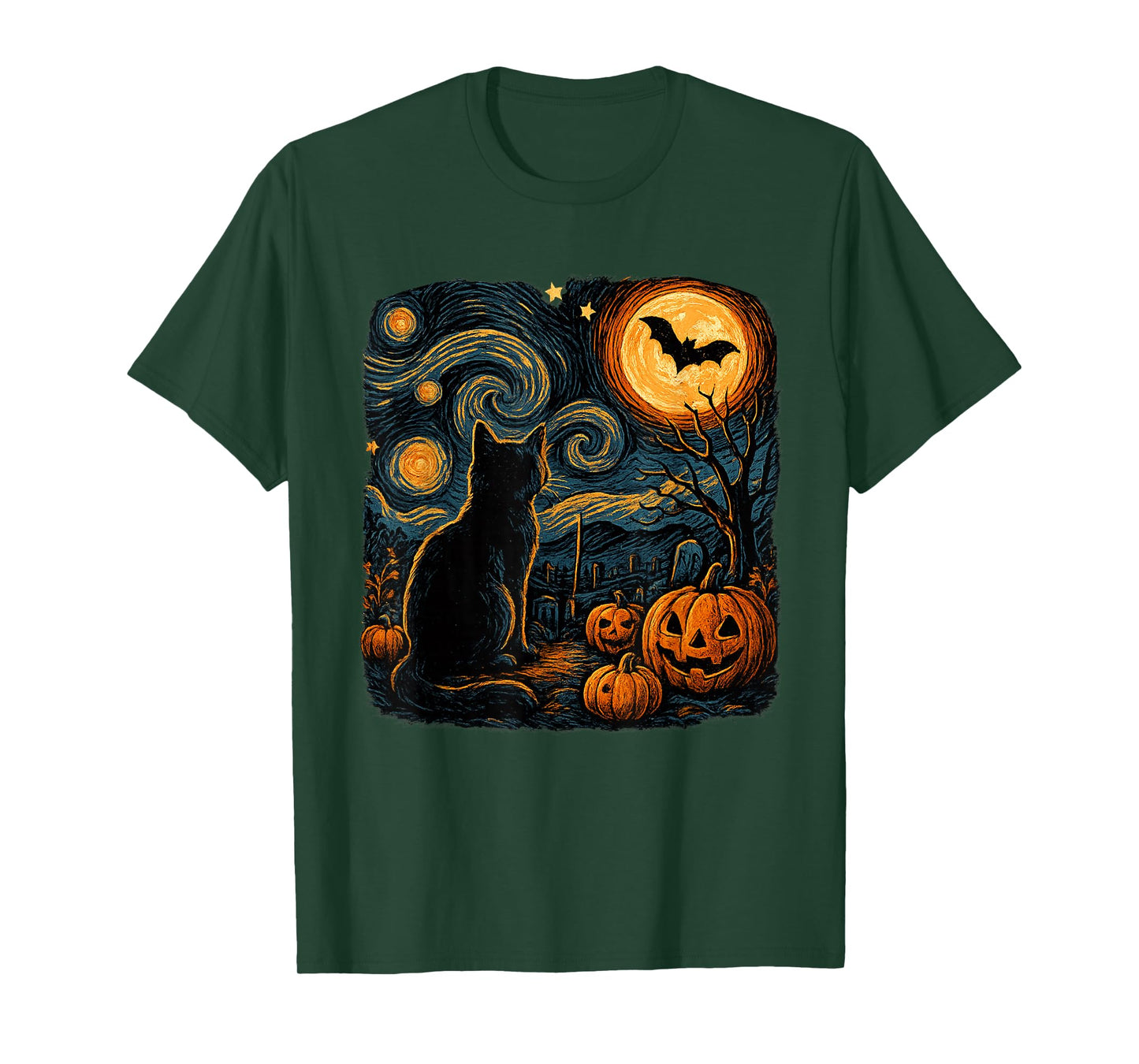 Halloween Black Cat Van Gogh Starry Night Cat Lovers Cat T-Shirt