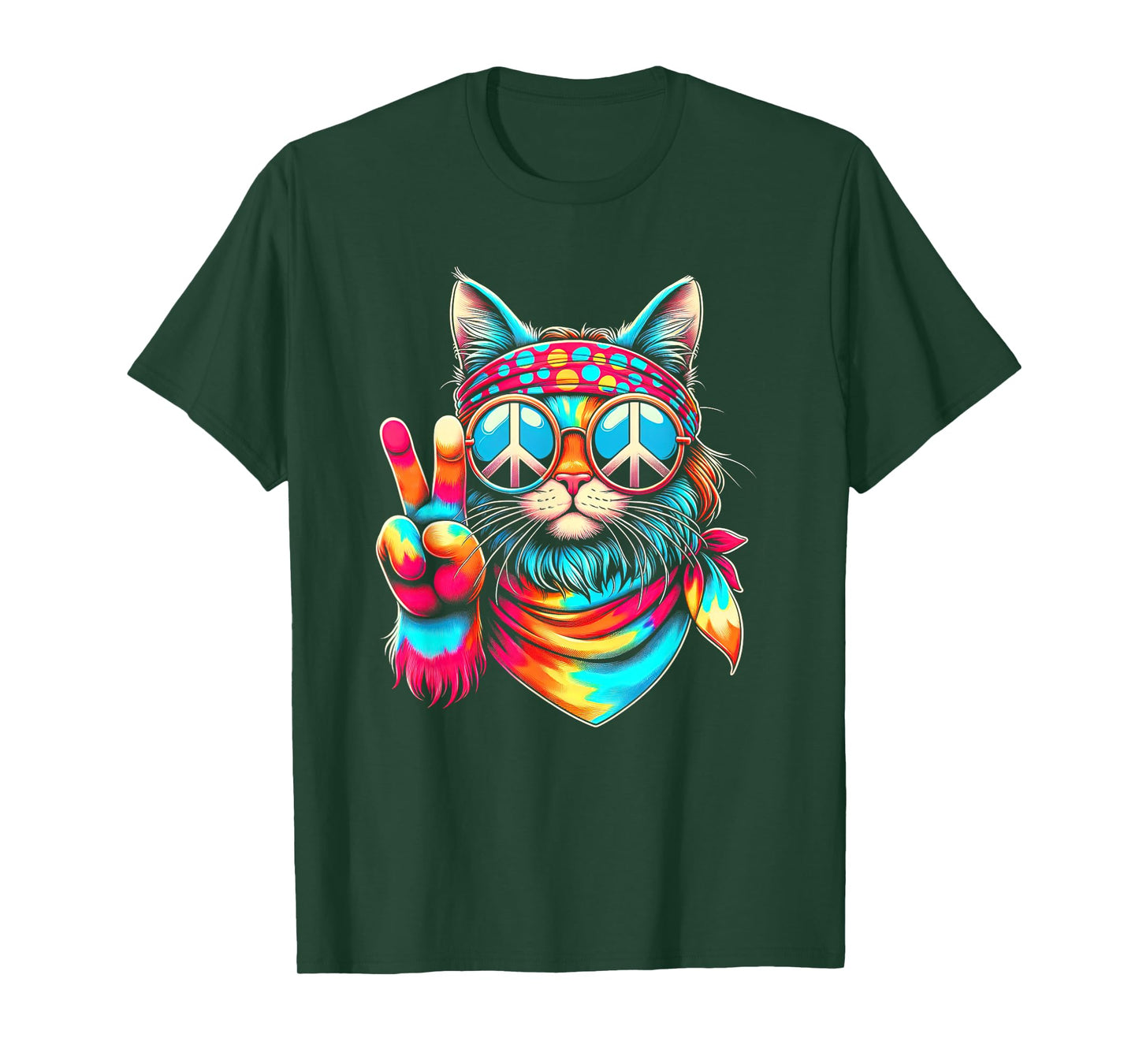 Funny Peace Cat Retro 70s Rainbow Hippie Cat Peace Sign Hand T-Shirt