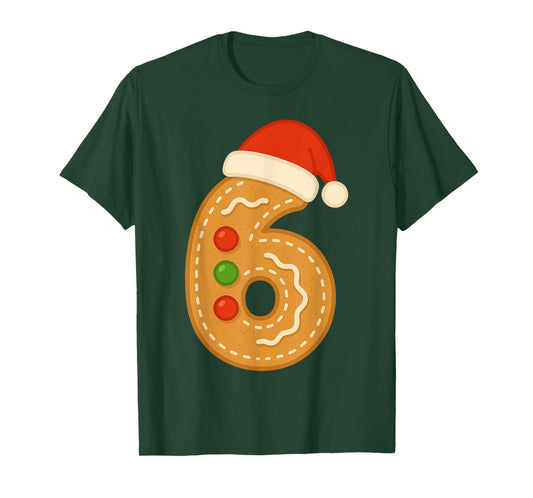 Cute Gingerbread Number 6 with Santa Hat Sixth Christmas T-Shirt
