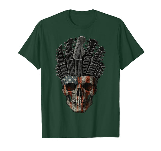 American Flag Skull Guitar T-Shirt Rock Music Guitar Player T-Shirt
